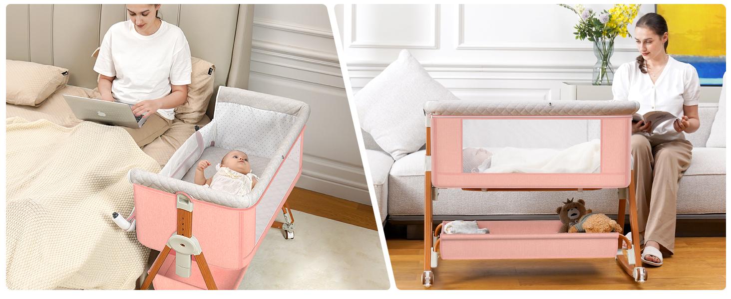 bassinetbaby 6 Height Adjustable Cribs Easy to Fold Portable Crib Side Bassinet Swing Cradle Bed Side Sleeper with Ventilated Net Wheels America Made