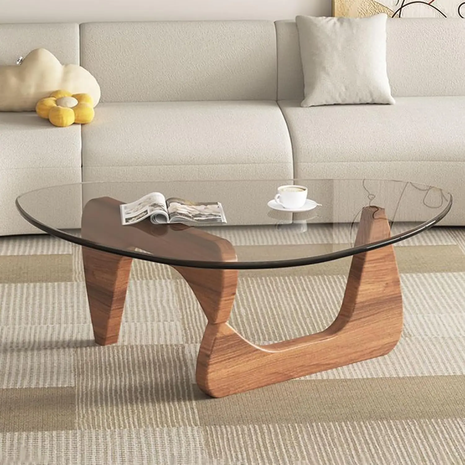 Mid-Century Modern Triangle Coffee Table - Walnut Solid Wood Pedestal, Transparent Flat-Top Glass, 36x25.6x16in Low Profile Minimalist Tea Table, Corner Expandable Living Room Decor Furniture for Room