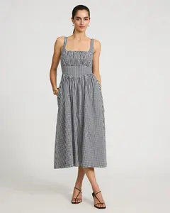 Express Gingham Basque Waist Smocked Back Midi Dress with Pockets