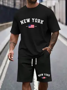 Men's summer thin New York alphabet flag print short-sleeved T-shirt casual sports suit fashion casual vacation fishing camping outdoor top with pocket and elastic waist drawstring pants two-piece set for boyfriend or husband clothes men's clothing