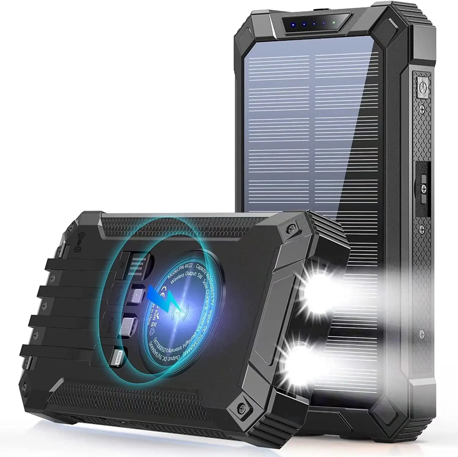 GNC W22 Solar Battery Power Bank - 15W Fast Charger Portable Charger, 4 Built-in Cables, 6 Outputs, 3 Inputs, Dual Built-in Flashlight, Carabiner, Universal Device Compatibility, Clip-on Design, Portable Chargers