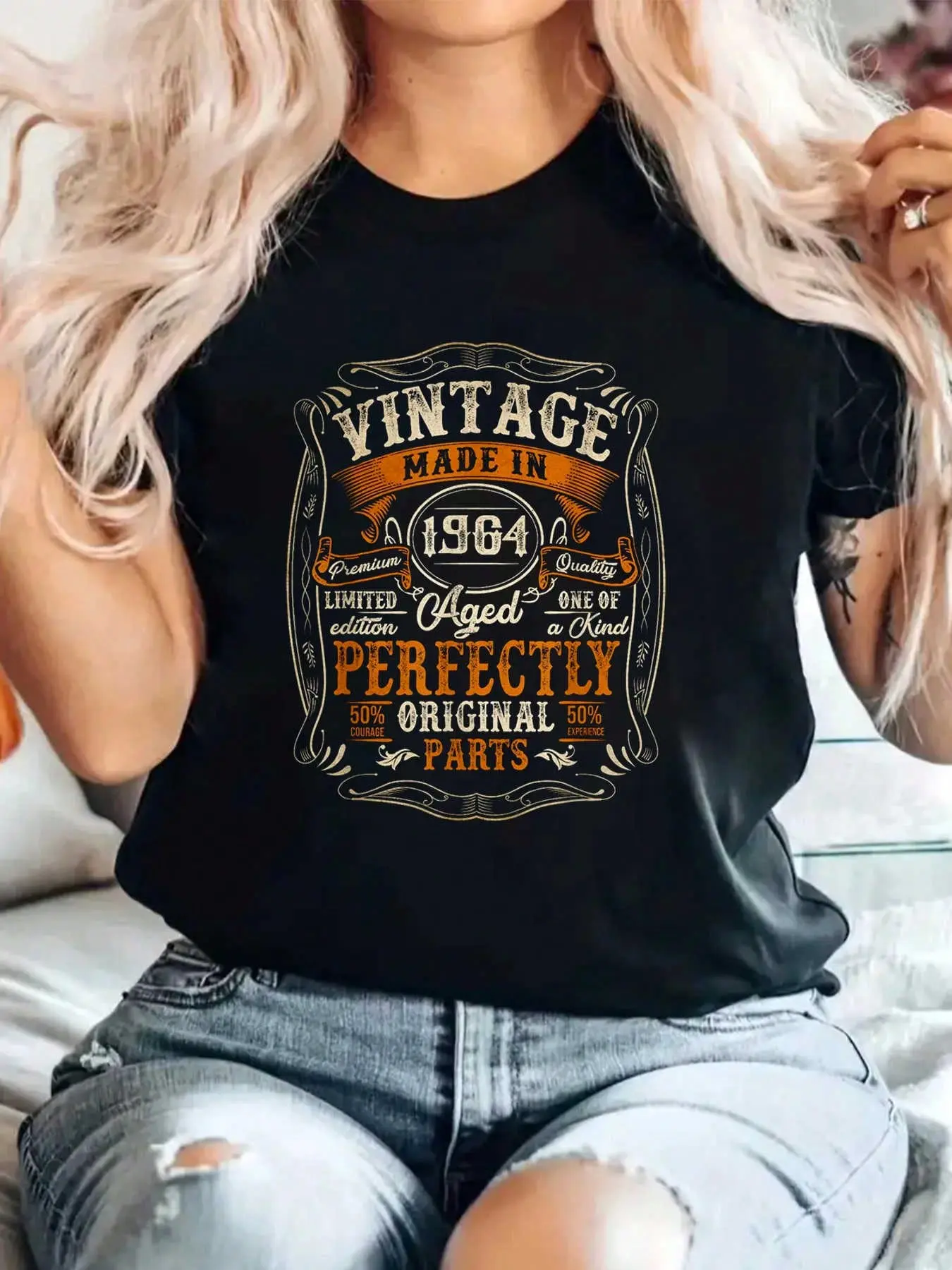 Women's 60th Birthday T-Shirt, Vintage 1964 Graphic Print Top, Casual Comfortable Short Sleeve 100% Cotton Fabric, Shortsleeve, Essential, Lightweight