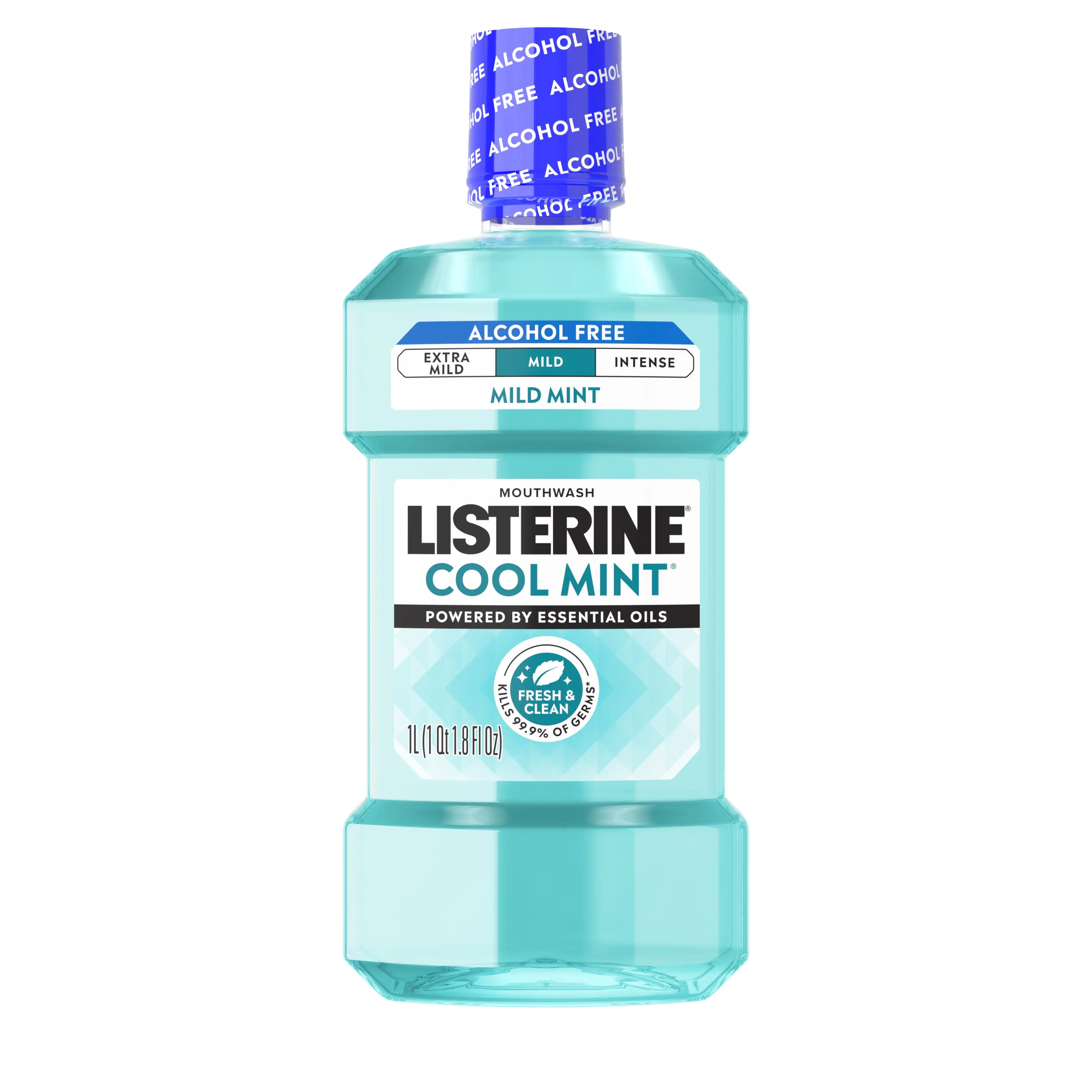 Listerine Cool Mint Alcohol Free Mouthwash, Oral Rinse to Kill 99.9% of Germs That Cause Bad Breath for Fresh Breath & Clean Mouth, Less Intense Taste, Cool Mint Flavor, 1 L