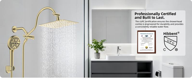 Hibbent All Metal CUPC Certified Shower Head, 10'' High Pressure Rainfall Shower Head/Handheld Showerhead Combo with 12'' Adjustable Curved Shower Extension Arm, 10-Spray, 71'' Hose, Showerhead Holder, Brushed Gold
