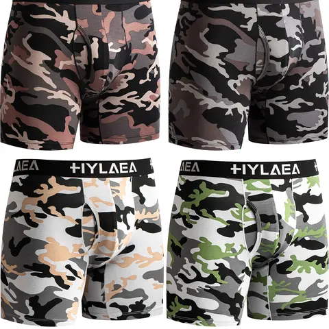 Hylaea Men's Bamboo Boxer Briefs 4-Pack - 5in Boyshort Style, Camouflage & Solid Colors, Breathable High-Elastic, Body Cooling, 3D High-Capacity Pouch, Anti-Chafing, Soft Lightweight, for Gym & Office Use, No