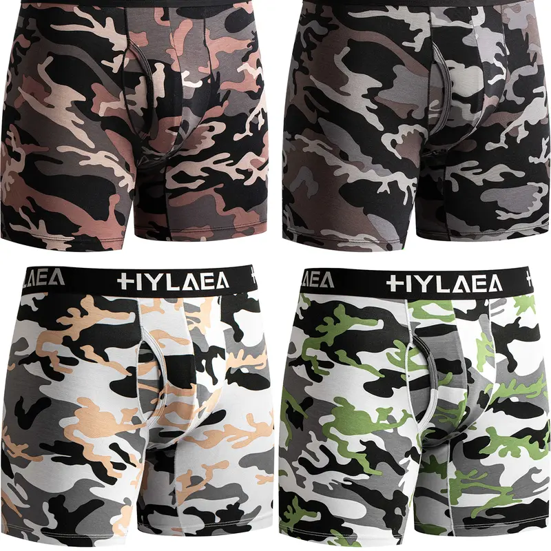 Hylaea Men's Bamboo Boxer Briefs 4-Pack - 5in Boyshort Style, Camouflage & Solid Colors, Breathable High-Elastic, Body Cooling, 3D High-Capacity Pouch, Anti-Chafing, Soft Lightweight, for Gym & Office Use, No