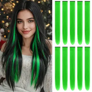 22 inch Colored Hair Extensions Long Straight Hairpiece,St.Patrick's Day Party Highlights Neon Green Clip in Synthetic Hair Extensions for Women Girls Cosplay Gift(10 PCS Green)