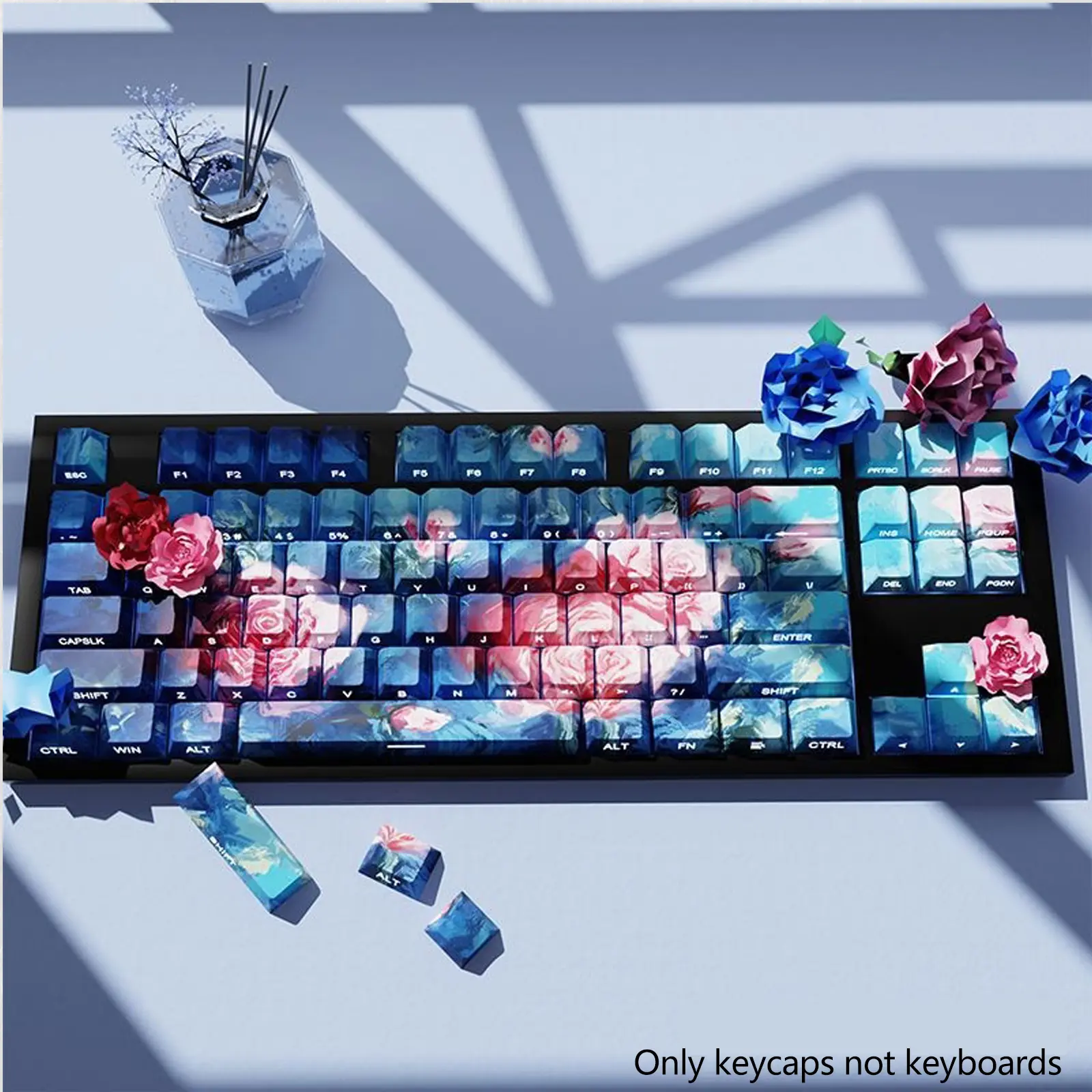 130 Key Oil Painting Style Keycap Set, Gaming Keyboard Accessories, Rose Flower Design, Compatible Ansi Layout, Perfect Gift for Gamers and Keyboard Enthusiasts, Gaming Pc Accessories