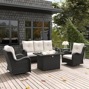LayinSun 5 Pieces Outdoor Patio Furniture Set with Fire Pit Table, Rattan Wicker Sectional Swivel Rocker Chairs Sets with Swivel Glider Chair and Coffee Table