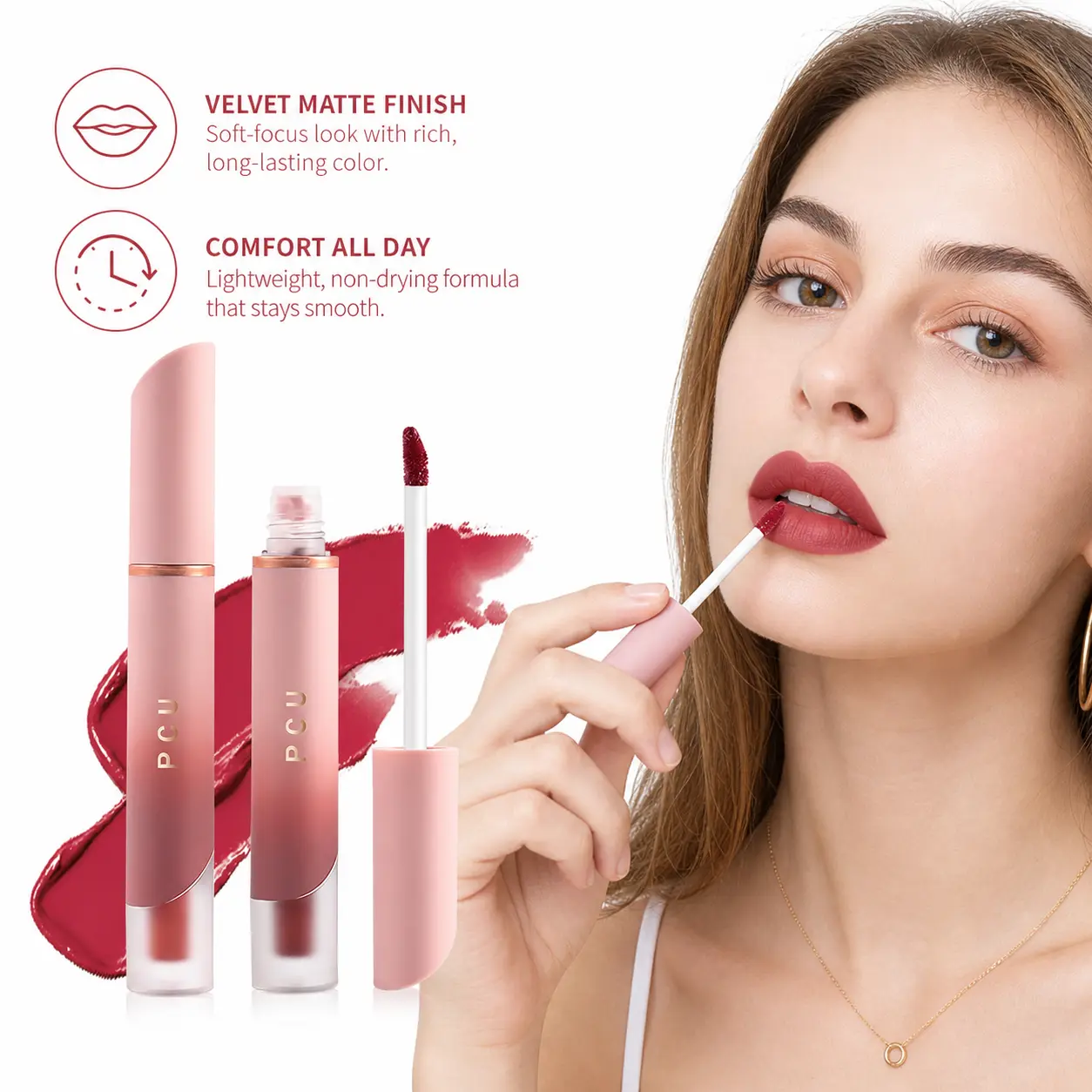 Matte Lip Glaze (i01#) - Pink Tube Retro Creamy Milk Mousse Velvet Lip Mud, Universal Long-Lasting Transfer-Proof Nude Lipstick for Daily Natural Makeup Cosmetic