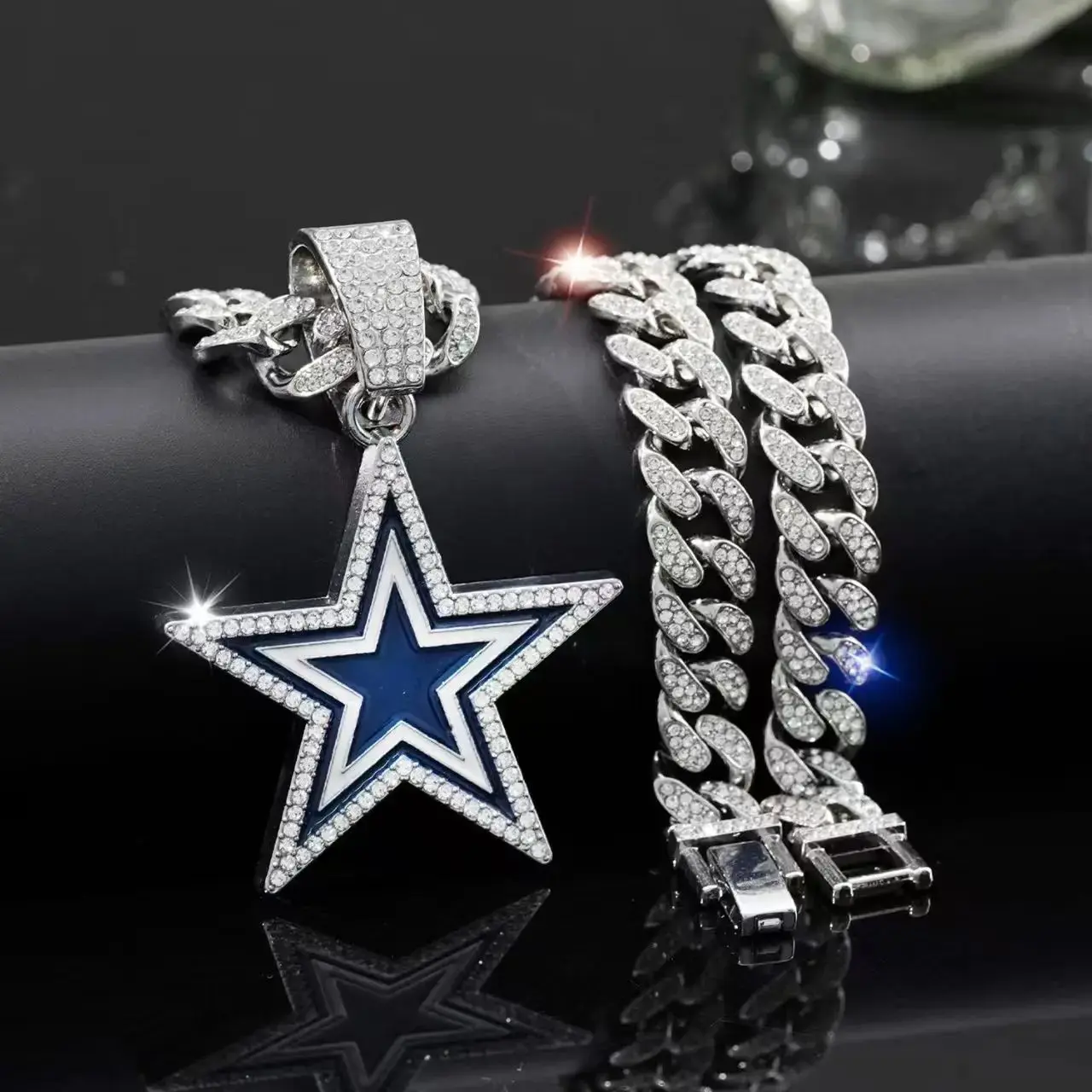 Blue Star Iced Out Stainless Steel Link Chain Necklace - Men's Jewelry, Ice, Sparkly Star, Chain Accent Styles for Men & Women, Trendy Streetwear Gift, Link Chain Necklaces