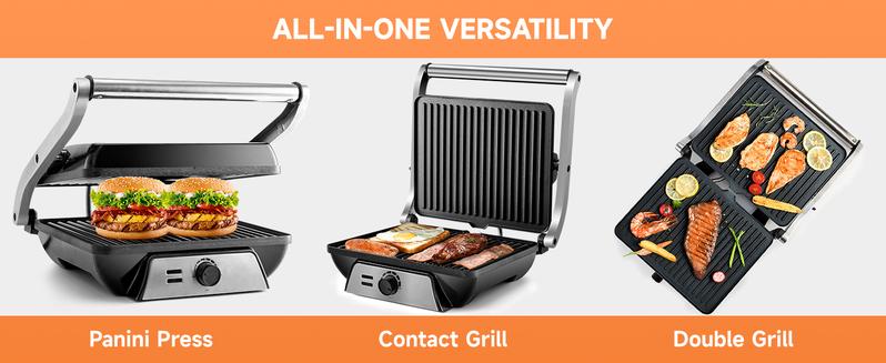SUSTEAS Multi-Purpose Electric Indoor Grill, Non-Stick Panini Press with Grease Tray, 180-Degree Sandwich Maker with Floating Hinge Nonstick Coating Griddle Portable Barbecue