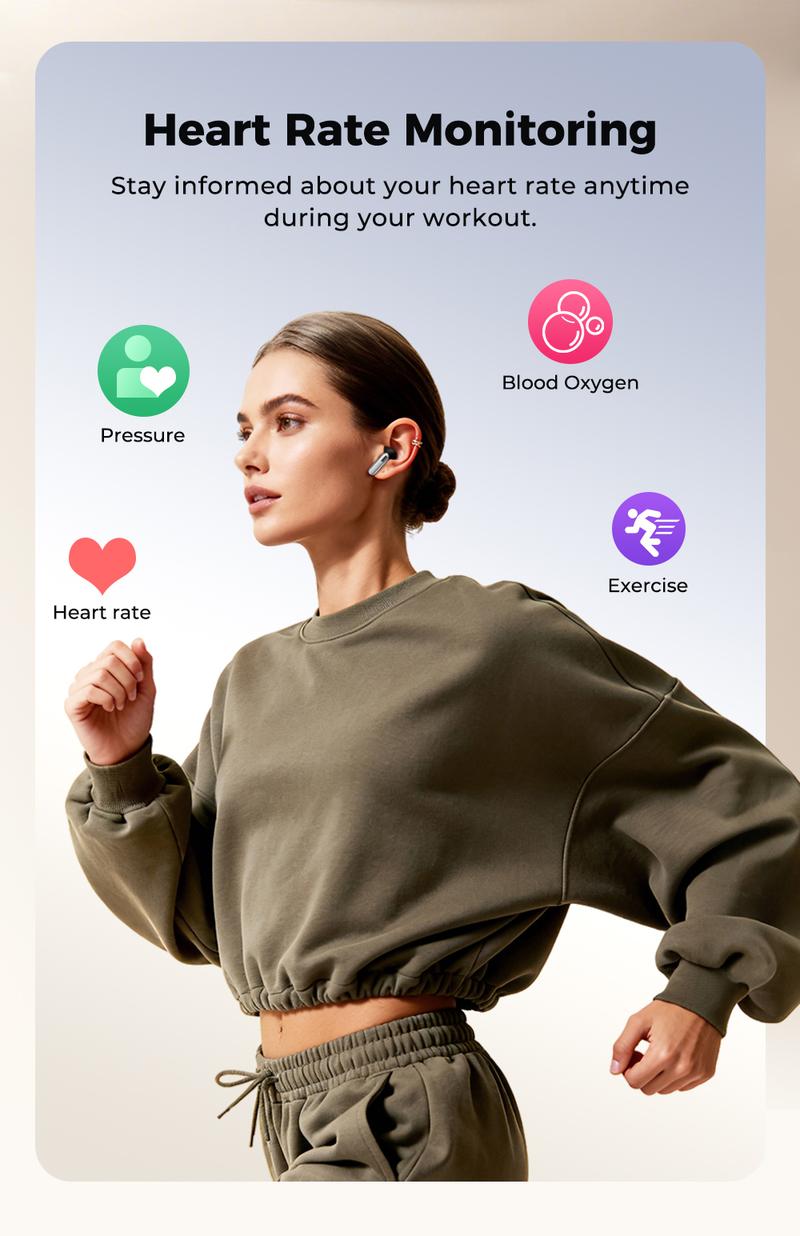 hTC NE46 Wireless Earbuds, Heart Rate Monitoring Earbuds, In Ear Earbuds, Bluetooth 6.0 Earphones, Blood Oxygen Monitoring Headphones, LED Smart Touch Screen Waterproof Audio Earbuds for Music & Calls, Comfortable for Sports