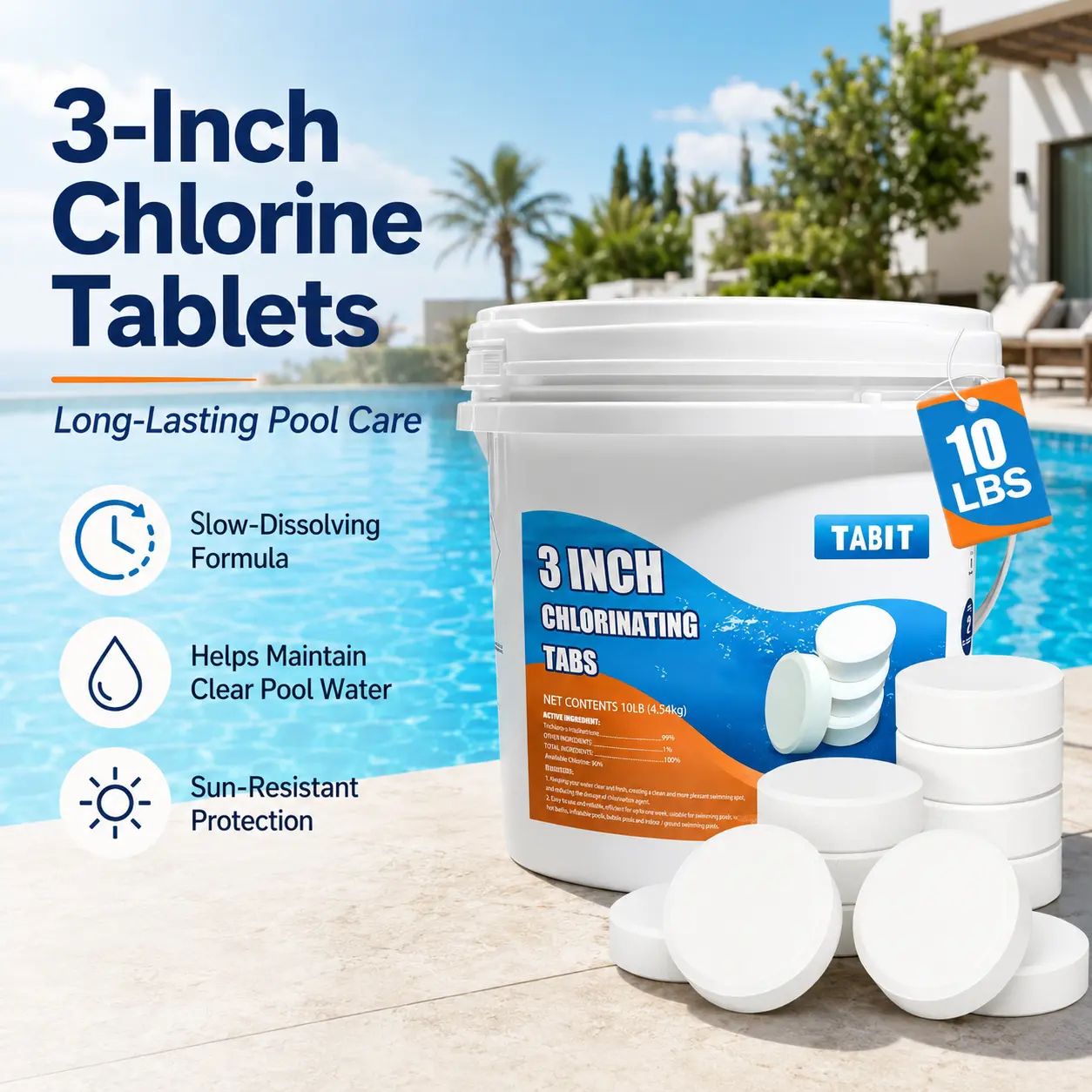 【10 lbs】TABIT 3  Inch Chlorine Tablets for Swimming Pools, Slow Dissolving Tablets for Consistent Chlorination and Long-Lasting Protection Kills Bacteriaand Stops Algae Spa and Hot Tub 10lbs