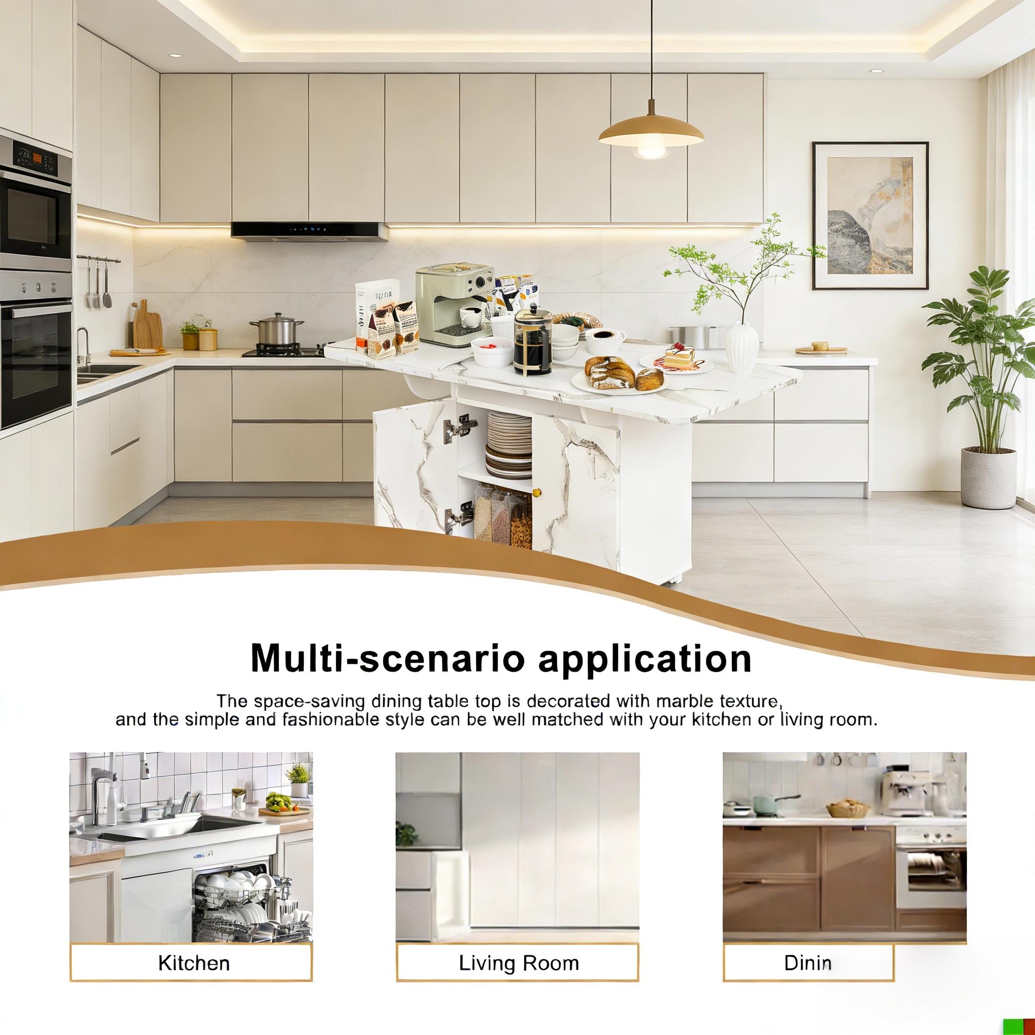 47" Folding Table with Wheels & Storage | Multi-Function Kitchen Island, Dining Table, Desk, Coffee Table & Entryway Console | Space Saving Foldable Table with Marble Top, 6 Casters & Cabinet for Small Spaces, Apartments & Home Office