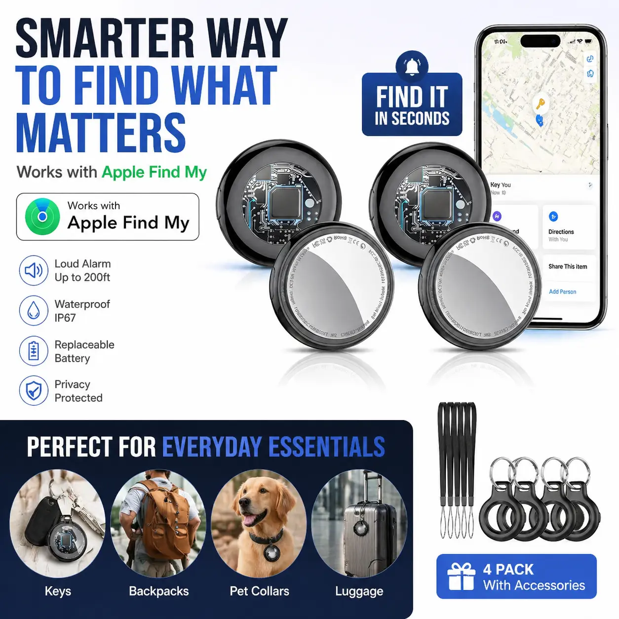 [Summervibes] Tukio GPS Tracker (iOS Only) Car Mini Trackers Device with Weatherproof Case No Monthly Fee Best Hidden GPS Trackers Global Coverage Location Tracker Anti Lost Device Works with Apple Find My iOS Only for Apple