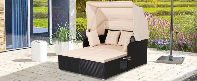 COSTWAY Outdoor Daybed, 2-Person Wicker Chaise Lounge with Retractable Canopy, Cushions & Pillows, 2 Side Trays, Patio Double Sofa PE Rattan Sunbed Lounger for Deck Poolside Garden Balcony