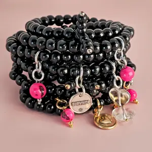 Survivor Heart Wood Boho Wrap - Black Beads with Heart Pendant, Silver Charm, and Heart Charm  Jewelry Beaded Bracelet Adjustable Bracelet Handchain Handchain