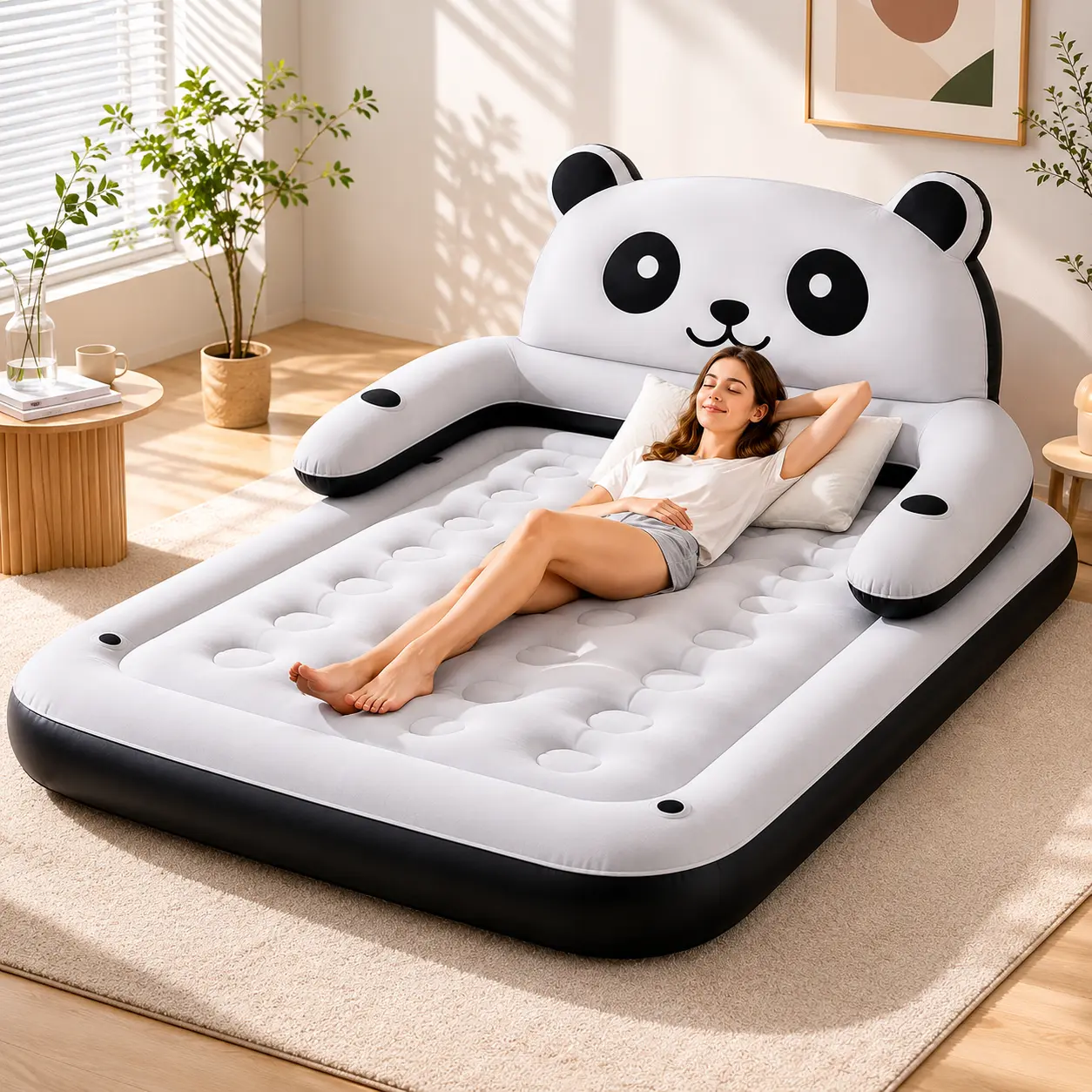 3-in-1 Panda Air Mattress with Backrest & Armrests, Cute Inflatable Sofa Bed with Soft Flocked Top for Kids Room, Guest Room, Home & Camping (NO PUMP)