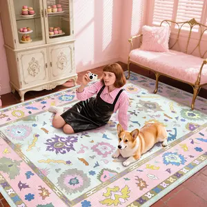 QULINT Oushak Style Area Carpet For Living Room Dining Room, Soft Low Pile Pink Printed Oushak Area Rug, Non Slip Decorative Carpet For Bedroom, Washable Rugs For Home Decor Aesthetic, Ideal For High Traffic Areas, Gift For Valentine's Day, Housewarming