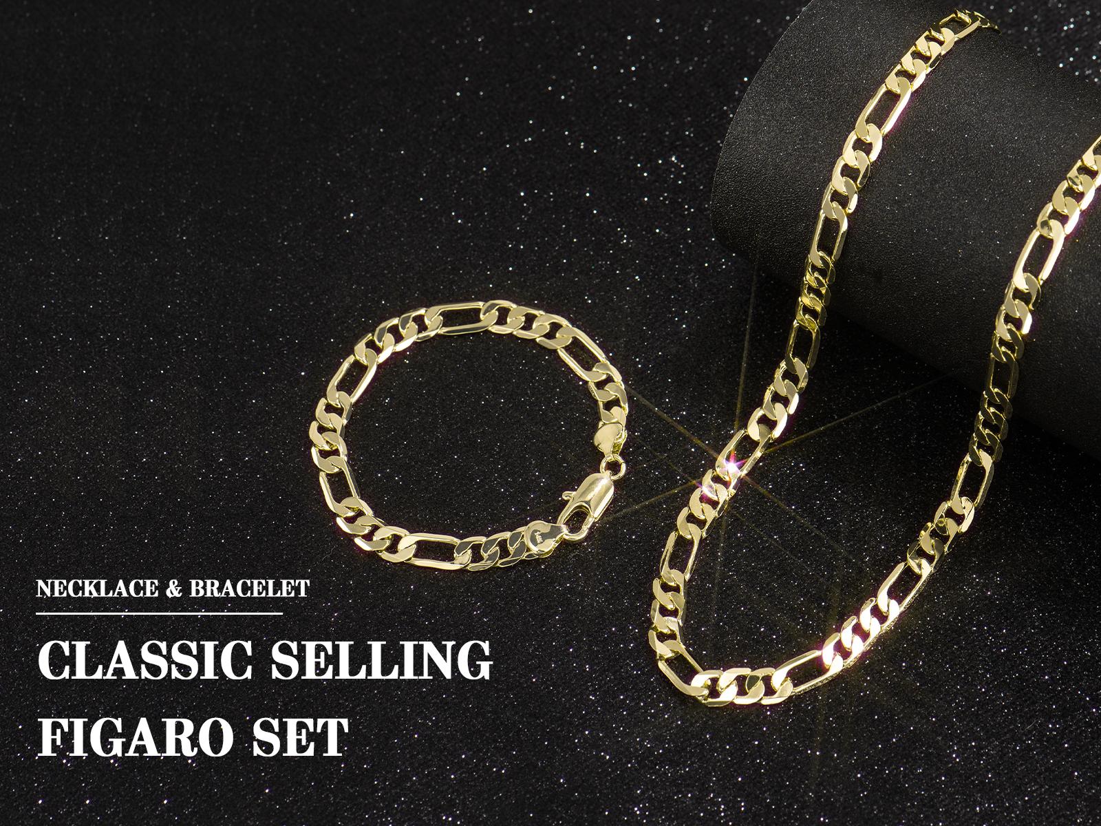 Holylegend 14K Gold-Plated Rope, Cuban, Figaro Set, 24"  Length, Necklaces & Bracelet,Cuban link chain