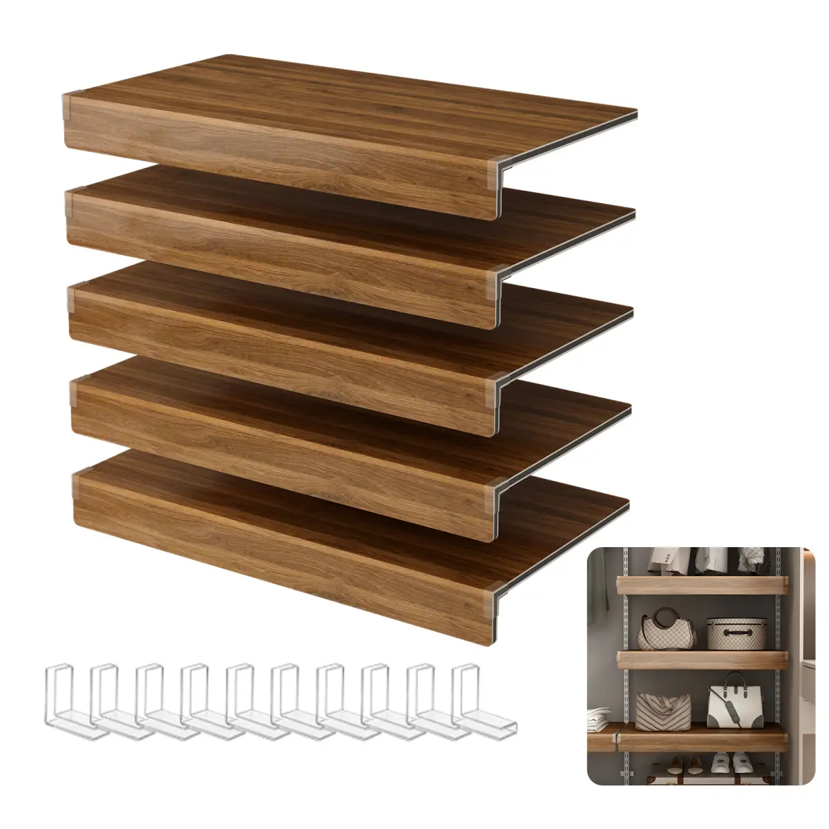 5-Pcs Walnut Wooden Look Foamed PVC Wire Shelf Covers - 30x16 in Removable Modern Dust Covers for Kitchen Cabinet Pantry, Kitchen Shelving Decoration (Non-Wood)