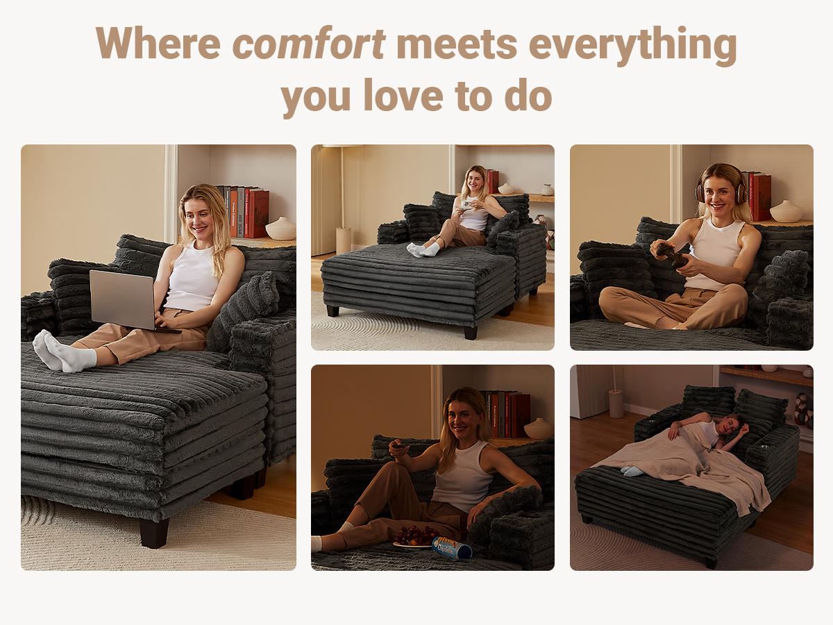 Amsleekey Oversized Corduroy Lounge Chair – Extra Deep Chaise Sofa for Reading, Napping & Living Room Relaxing