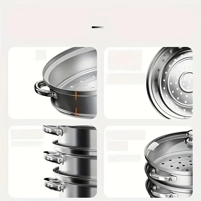 3-Piece Stainless Steel Steamer Set: Double-Eared, Metal Steam Baskets. Handles for Easy Use. Ideal for Cooking and Steaming.