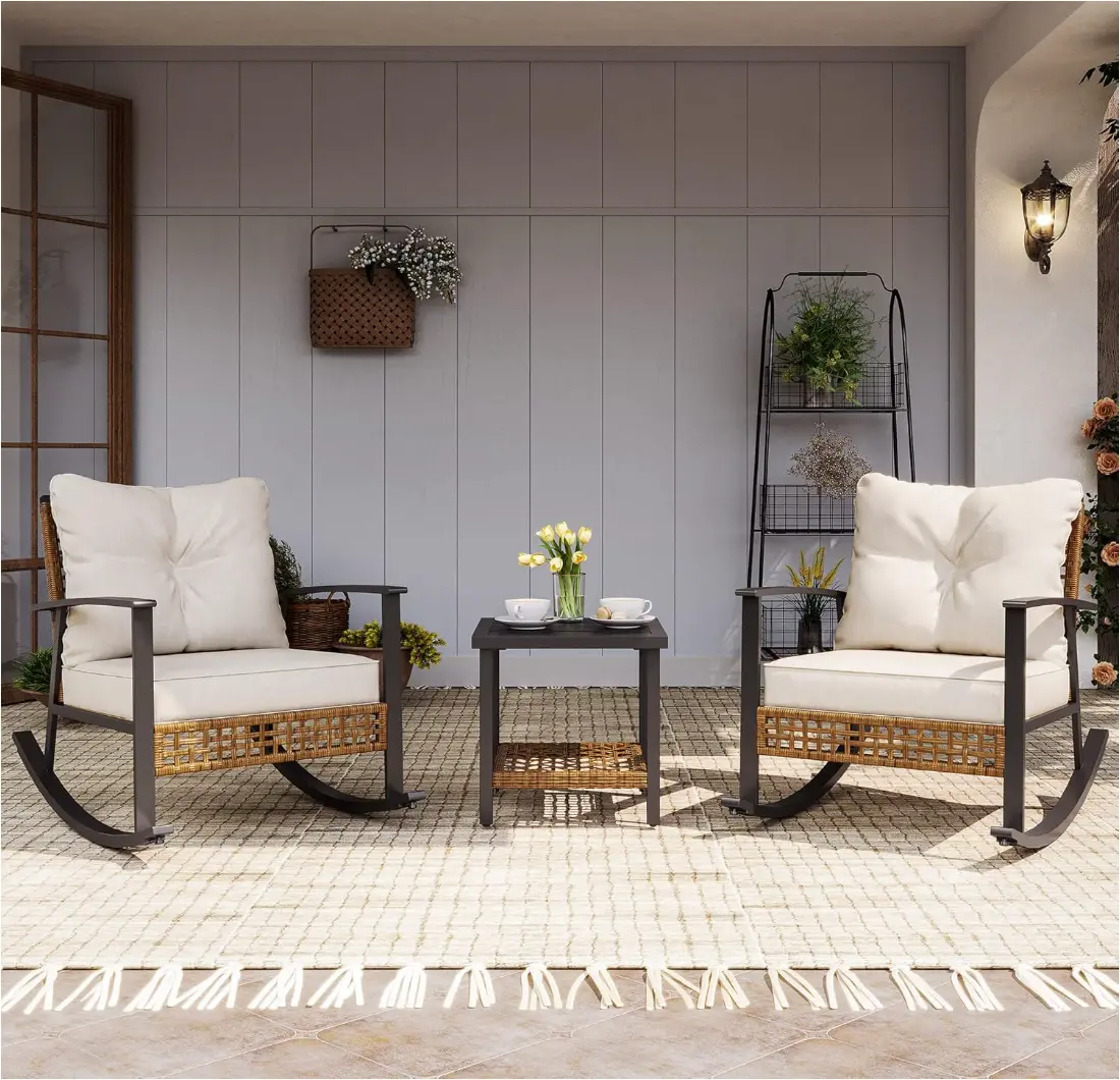 LAUSAINT HOME 3-Piece Rocking Bistro Set, Outdoor Patio Furniture with Thick Cushions and 2-Tier Coffee Table, Oversize Rattan Conversation Set for Garden, Balcony, Backyard (Beige)，summerwins,outdoorfurnitureset