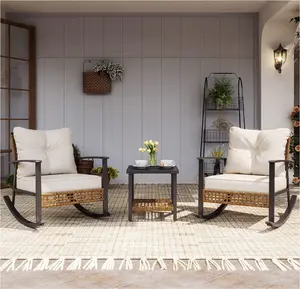 LAUSAINT HOME 3-Piece Rocking Bistro Set, Outdoor Patio Furniture with Thick Cushions and 2-Tier Coffee Table, Oversize Rattan Conversation Set for Garden, Balcony, Backyard (Beige)，summerwins,outdoorfurnitureset