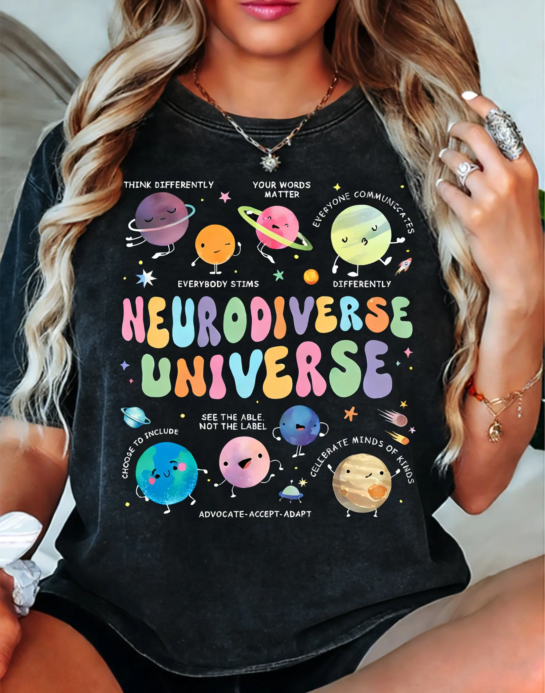 Women's Vintage T-Shirt, Neurodiverse Universe Cosmic Planets Graphic, Casual Loose Fit Short-Sleeve Crewneck, Teacher Gift, Shortsleeve