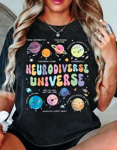 Neurodiverse Universe Printed Vintage T-Shirt Fun Cosmic Planets Teacher Hoodie a Gift for Teachers Womenswear Casual Top Streetwear Crewneck