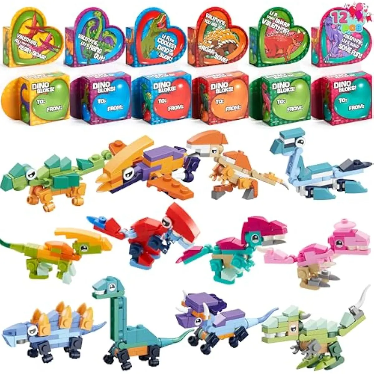 12 Packs Valentines Dinosaur Building Blocks Toys with Heart Boxes for Valentine Party Favors Gifts Classroom Exchange, Prize Supplies, School Rewards