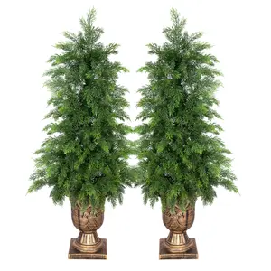 3ft/4ft/5ft Artificial Cedar Topiary Trees - Fake Evergreen Plants in Decorative Urns for Front Porch, Entryway & Patio Decor | No Maintenance, All-Year Greenery