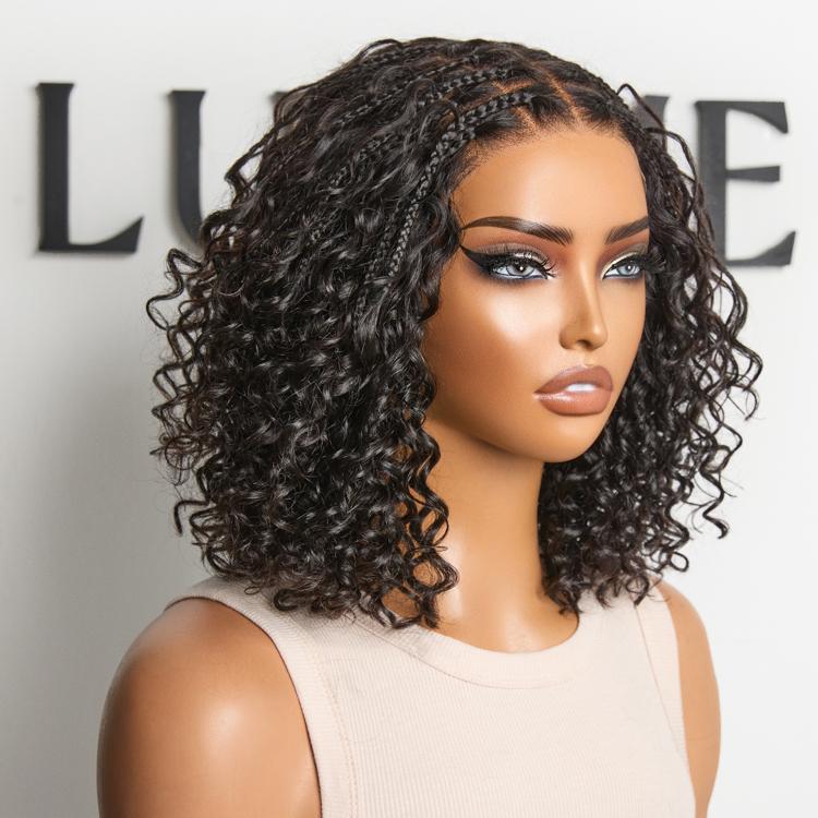 Luvme Boho Braids Deep Curly Glueless 5x5 Closure Pre-Cut Lace Short Curly Human Hair Braided Wig Natural Black