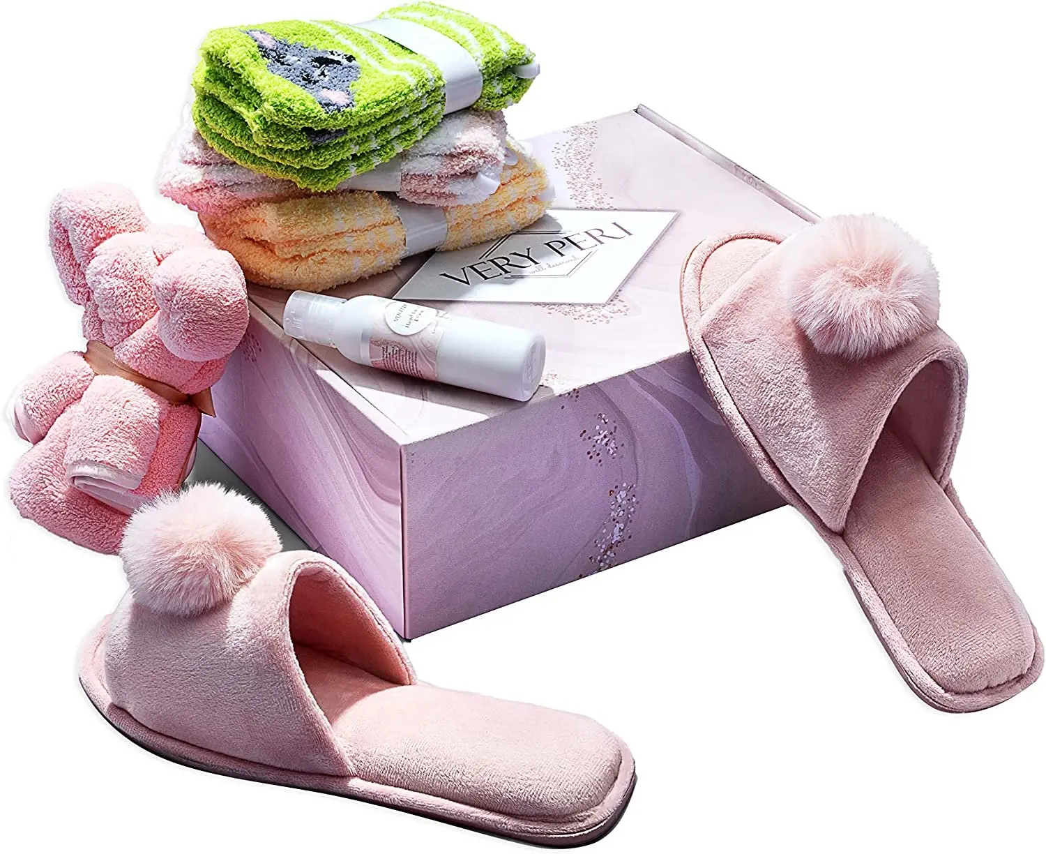 VERY PERI Pink Birthday Gift Box – Birthday Gift Box for Women – Curated Gift Box Assortment with Slippers Socks Body Lotion Towel & Message Gift Card– Perfect Return Gift Present