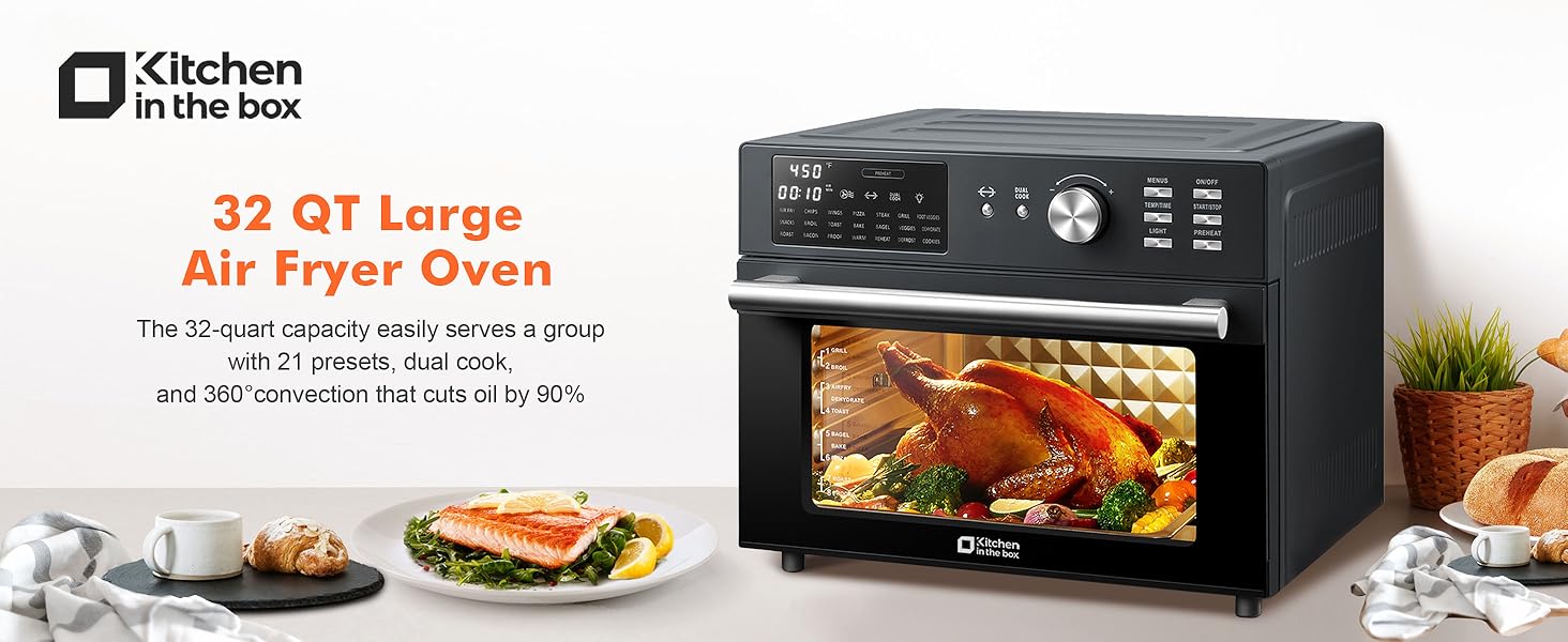 32QT Extra Large Air Fryer Toaster Oven Combo, 21-in-1 Countertop Convection Toaster Oven with Air Fry, Bake, Toast, Roast, 6 Accessories, 1800W Dual Cook Preset