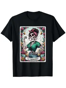 La Chingona Funny Mexican Skeleton Tarot T-Shirt Men'S Crew Neck Fashionable Comfortable And Versatile, Athletic Style T-shirt Gift for Christmas Holiday Birthday Men Women Family S-XXXL