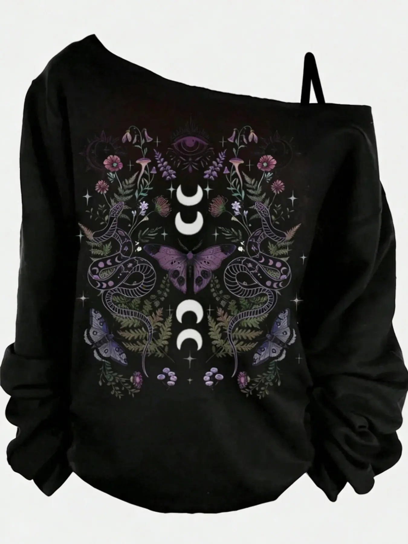 Y2K Dark Academia Witchy Snake Moon & Butterfly Graphic, Print Cotton Soft Long Sleeve Oversized Sweatshirt, Aesthetic Occult Pastel Goth Cottagecore Casual Pullover, Celestial Mystical Boho Hippie Comfortable Loose Fit Top for Teens Adults, Womenswear