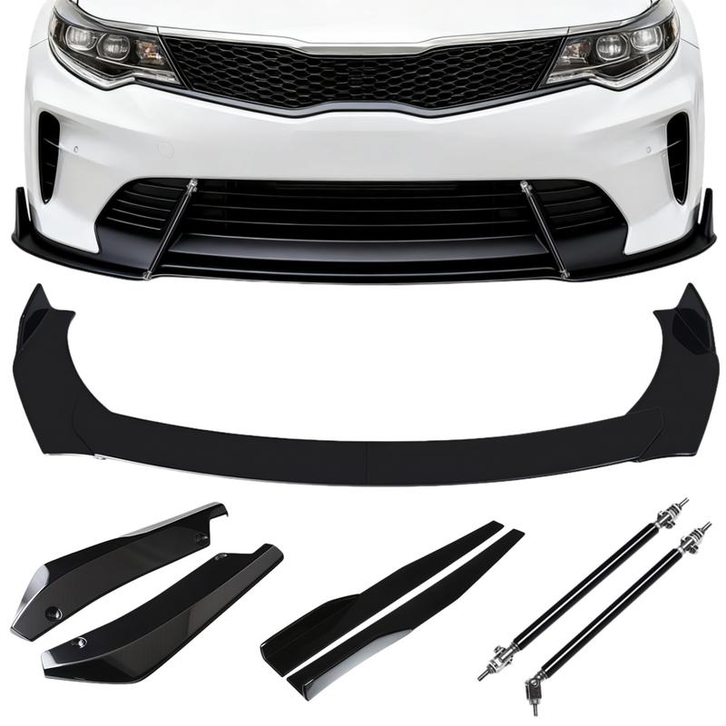 Glossy Front Bumper Lip Kit, Universal Car Bumper Protection Kit - Adjustable 4-Section Front Bumper Lip, Black Chin Spoiler Splitter, Rear Lip & Side Skirt, Easy Install & Durable Design, Fits Honda Toyota Mazda Nissan Ford Mercedes-Benz Hyundai Subaru