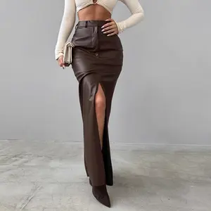 Women's Split Design Solid Color High Waist Pu Leather Skirt 2025 Spring Fall Office Lady Trendy Streetwear Long Skirts