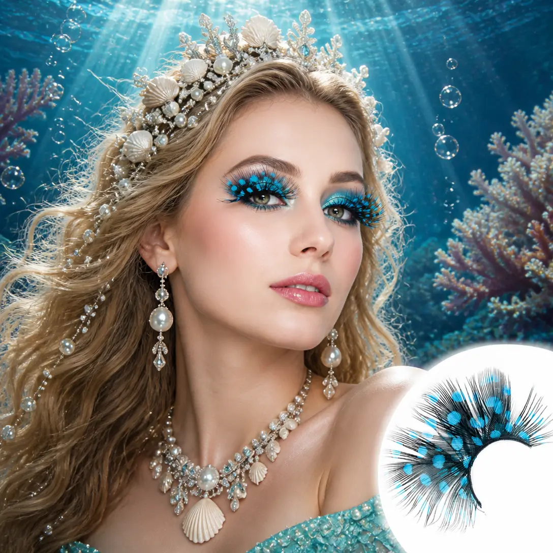 Dorisue Teal Cat Eye Feather Eyelashes — Mermaid Alt Beauty Daily False Lashes for Ocean Events, Cosplay