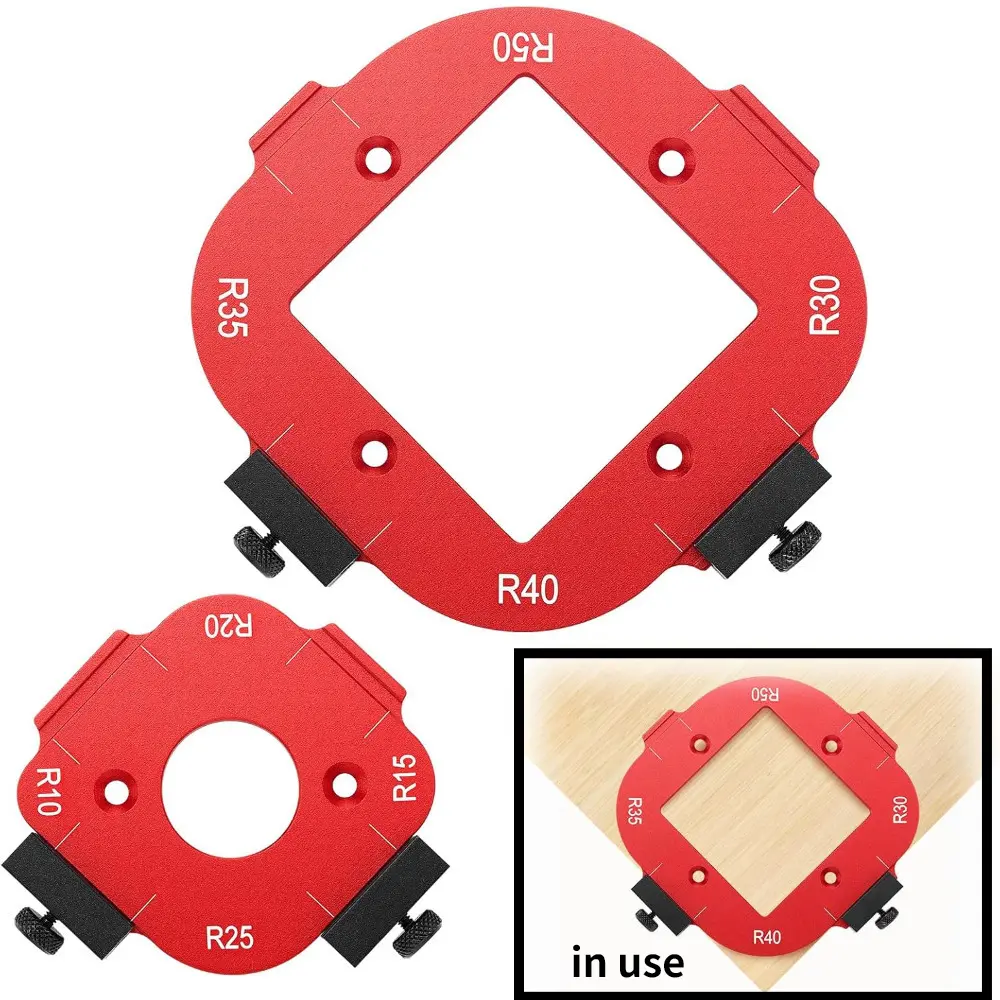 2pcs Aluminum Alloy Router Corner Radius Template Jig (R10-R50, Incl. R25, R35, R40) with Detachable Clip, Sturdy Red Woodworking Tool for Wood Enthusiasts’ DIY Carpentry Projects, Board Positioning, Polishing & Rounding