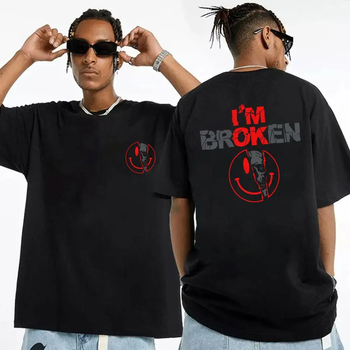 Unisex Streetwear Hoodie, 'I'm Broken' 2-Sided Smile Face Graphic, Soft Relaxed Fit Pullover Sweatshirt for Menswear, Tops