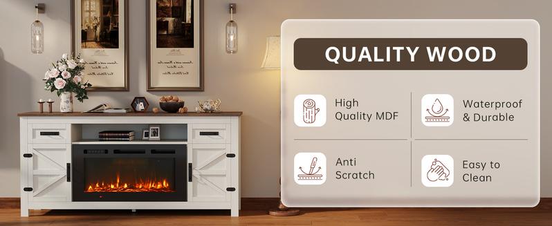 【2 Packages ship separately】oneinmil Fireplace TV Stand with Barn Door for TVs up to 80", Farmhouse 70" Fireplace Entertainment Center with Storage Cabinets, White TV Stand and Black 【2 Packages ship separately】oneinmil Fireplace TV Stand with Barn Door for TVs up to 80", Farmhouse 70" Fireplace Entertainment Center with Storage Cabinets, White TV Stand and Black