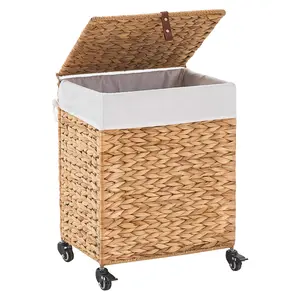 Handwoven Laundry Hamper with Wheels, Natural Water Hyacinth Rolling Laundry Basket with Lid and Removable Liner