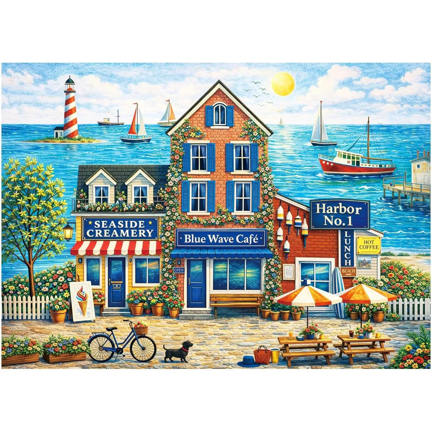 BenBen Puzzles for Adults 500 Pieces, Seaside Harbor Town, Colorful Coastal Scene Jigsaw Puzzles with Patterns on Back, Scenic Ocean Puzzle with Poster