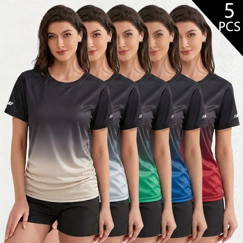 Pack of 5 women’s casual athletic short-sleeve T-shirts featuring a gradient design; quick-drying and breathable for cool summer wear and sweat management during workouts; suitable for everyday exercise, running, cycling, and home activities.