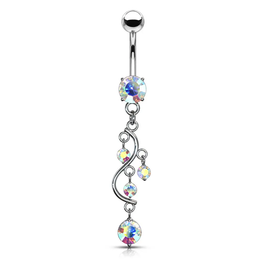 Cascading CZ Crystal Vine Dangling Belly Button Ring - Stainless Steel