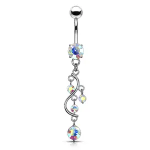 Cascading CZ Crystal Vine Dangling Belly Button Ring - Stainless Steel